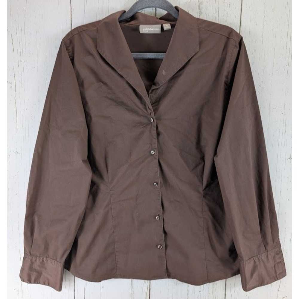 Croft Barrow Size XL Brown Stretch Button Collared Long Sleeve Cotton Blouse